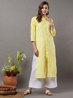 Load image into Gallery viewer, Yellow cotton all over jaal kurta with frnt buttons
