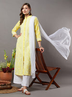 Load image into Gallery viewer, Yellow cotton all over jaal kurta with frnt buttons
