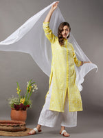 Load image into Gallery viewer, Yellow cotton all over jaal kurta with frnt buttons
