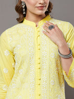 Load image into Gallery viewer, Yellow cotton all over jaal kurta with frnt buttons
