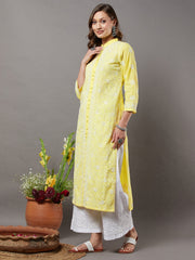 Yellow cotton all over jaal kurta with frnt buttons