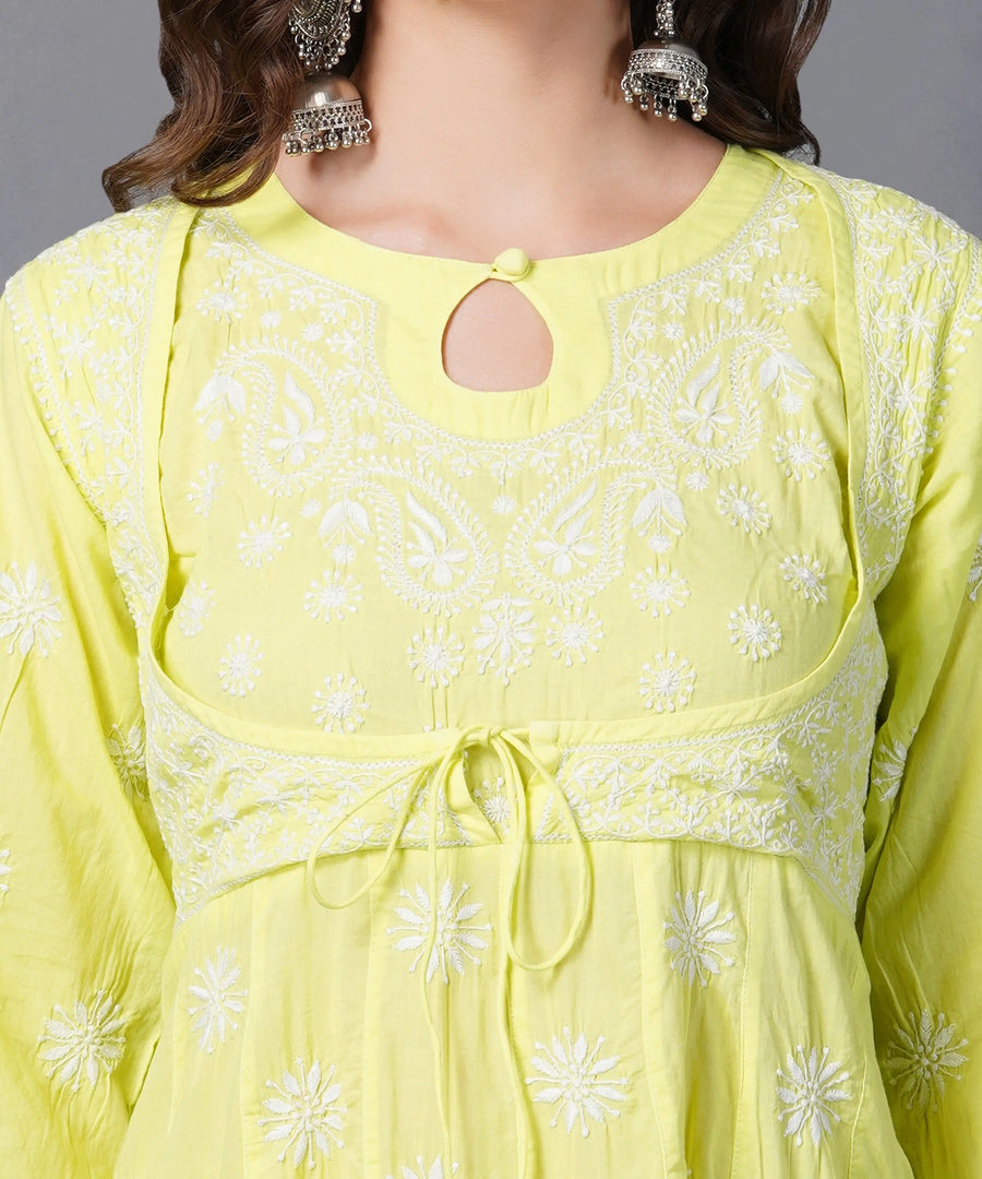 lime green cotton anrakali with waist coat - Rakhi Apparels