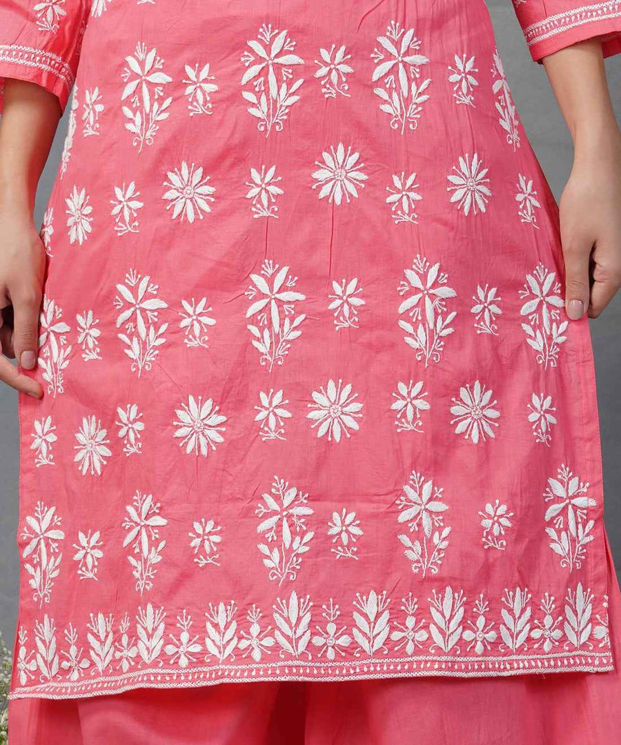 Carrot coloured cotton kurta with chikankari and sharara  set of 2
