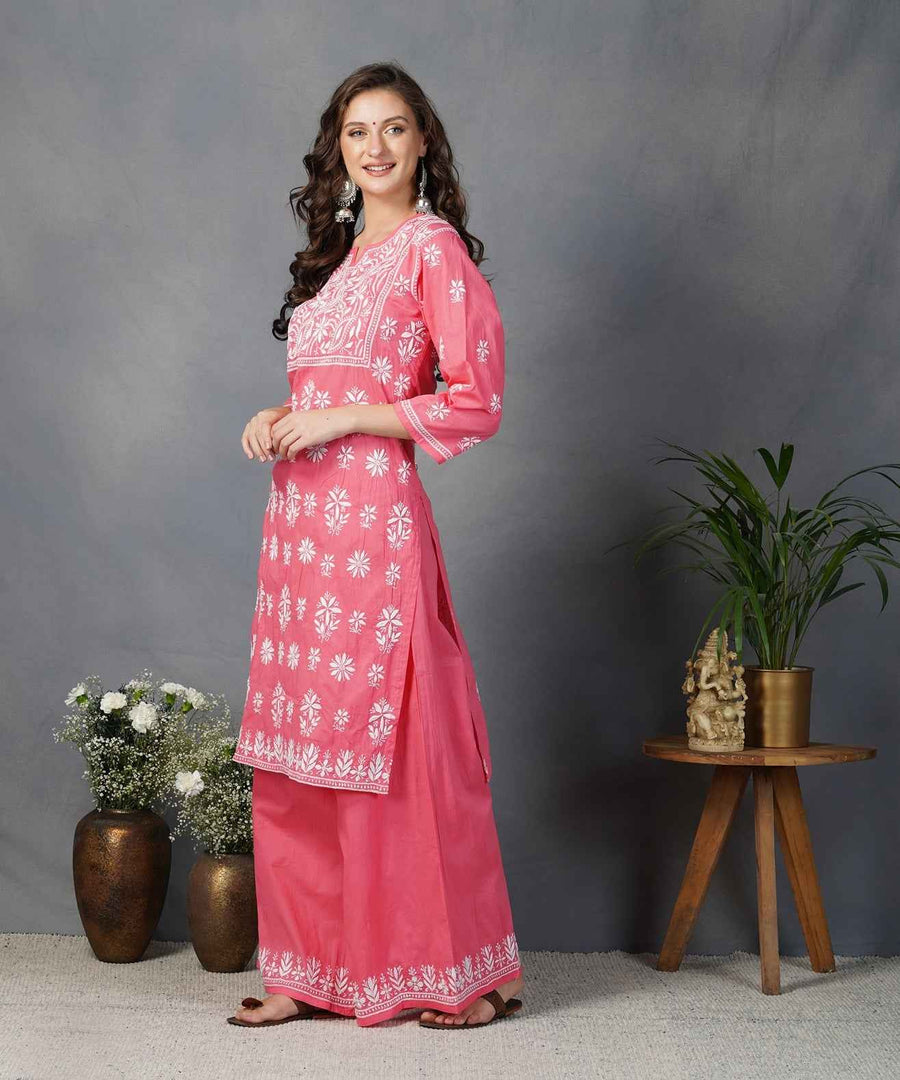 Carrot coloured cotton kurta with chikankari and sharara  set of 2