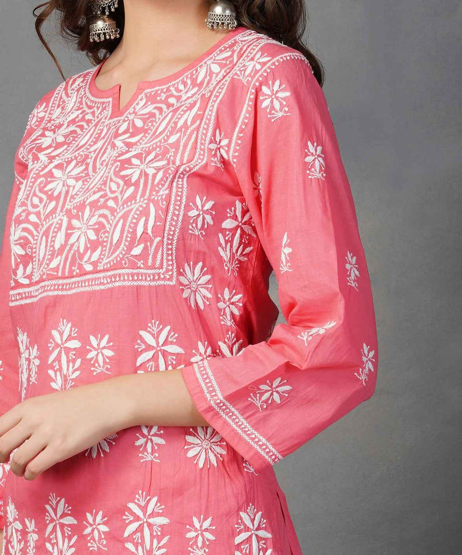 Carrot coloured cotton kurta with chikankari and sharara  set of 2