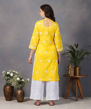 Yellow cotton chikankari kurta with back ties