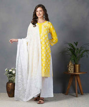 Yellow cotton chikankari kurta with back ties