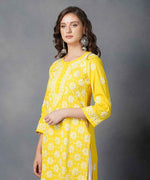 Load image into Gallery viewer, Yellow cotton chikankari kurta with back ties
