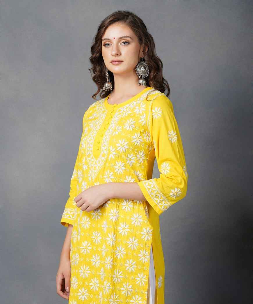 Yellow cotton chikankari kurta with back ties