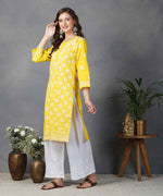 Load image into Gallery viewer, Yellow cotton chikankari kurta with back ties
