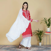 Red cotton kurta with side buttions and chikankari - Rakhi Apparels