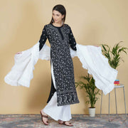 Black cotton kurta with all over tepchi chikankari