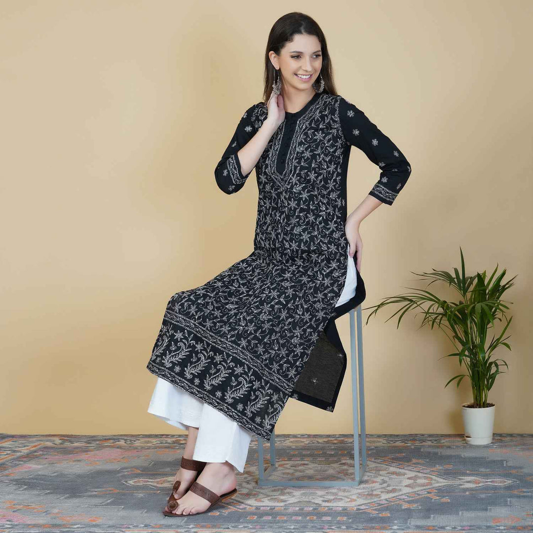 Black cotton kurta with all over tepchi chikankari