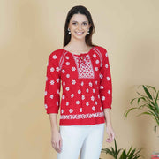 Red cotton peasents top with chikankari