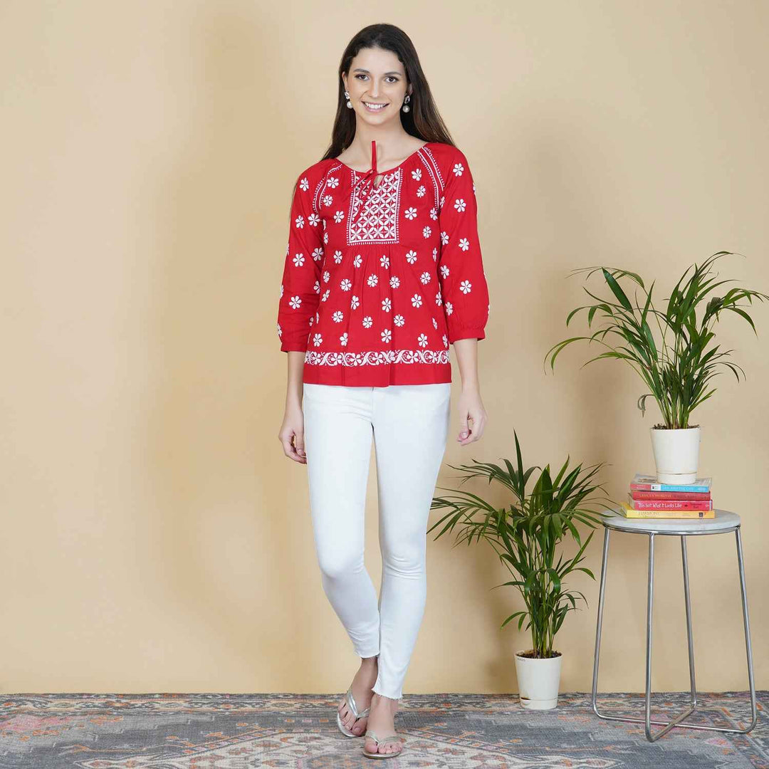Red cotton peasents top with chikankari