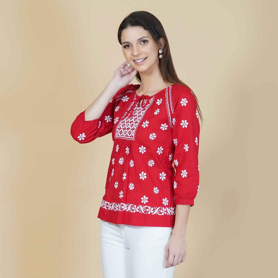 Red cotton peasents top with chikankari