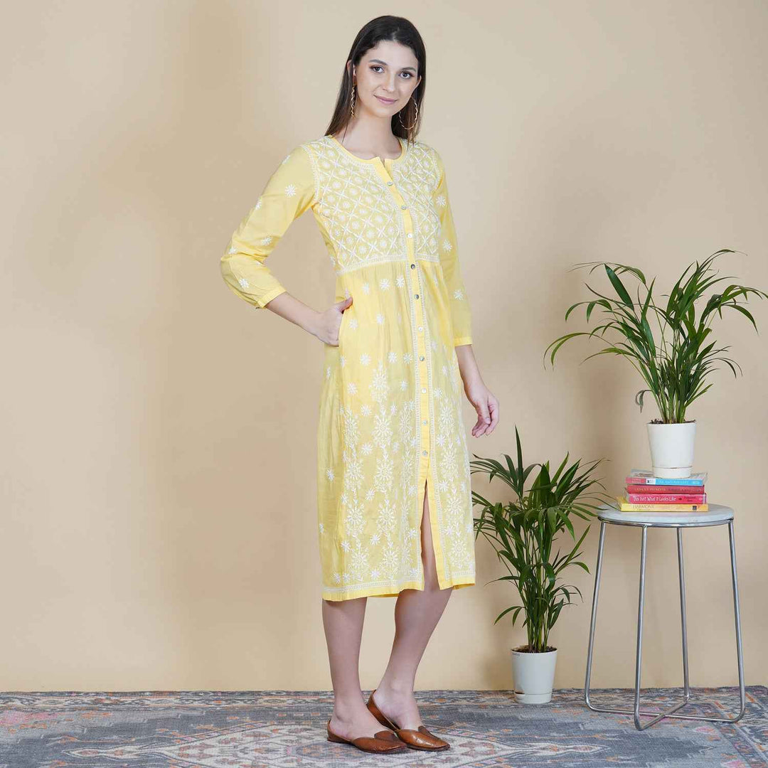 yellow cotton dress with front buttons
