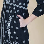 Load image into Gallery viewer, Black cotton front button drerss with chikankari
