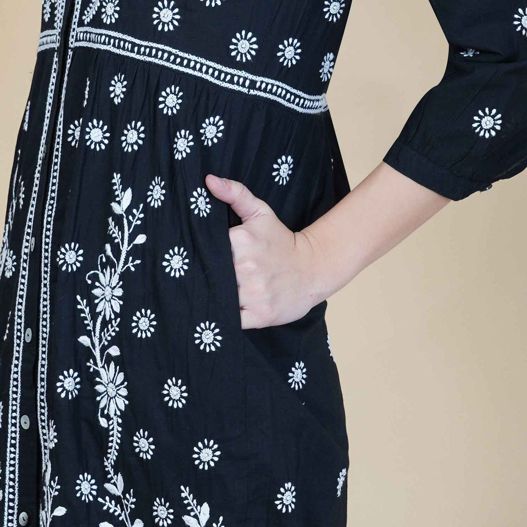 Black cotton front button drerss with chikankari