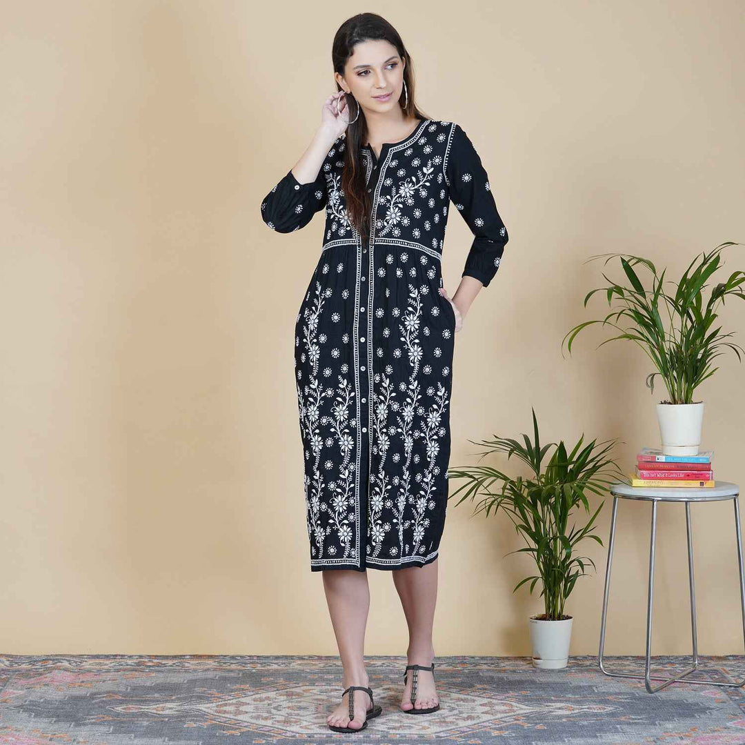 Black cotton front button drerss with chikankari