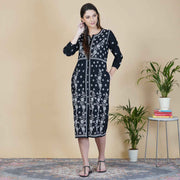Black cotton front button drerss with chikankari