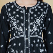 Black cotton front button drerss with chikankari