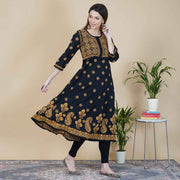 Black cotton chikankari anrakali with mustard emb