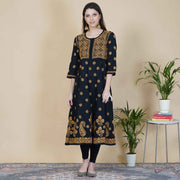 Black cotton chikankari anrakali with mustard emb
