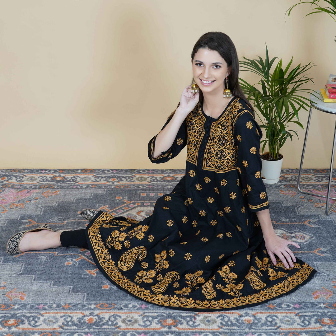 Black cotton chikankari anrakali with mustard emb