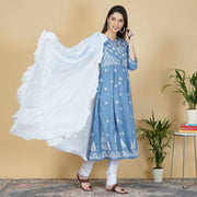 Grey cotton chikankari anarkali with waist coat design
