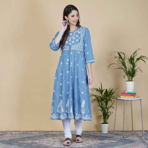 Grey cotton chikankari anarkali with waist coat design