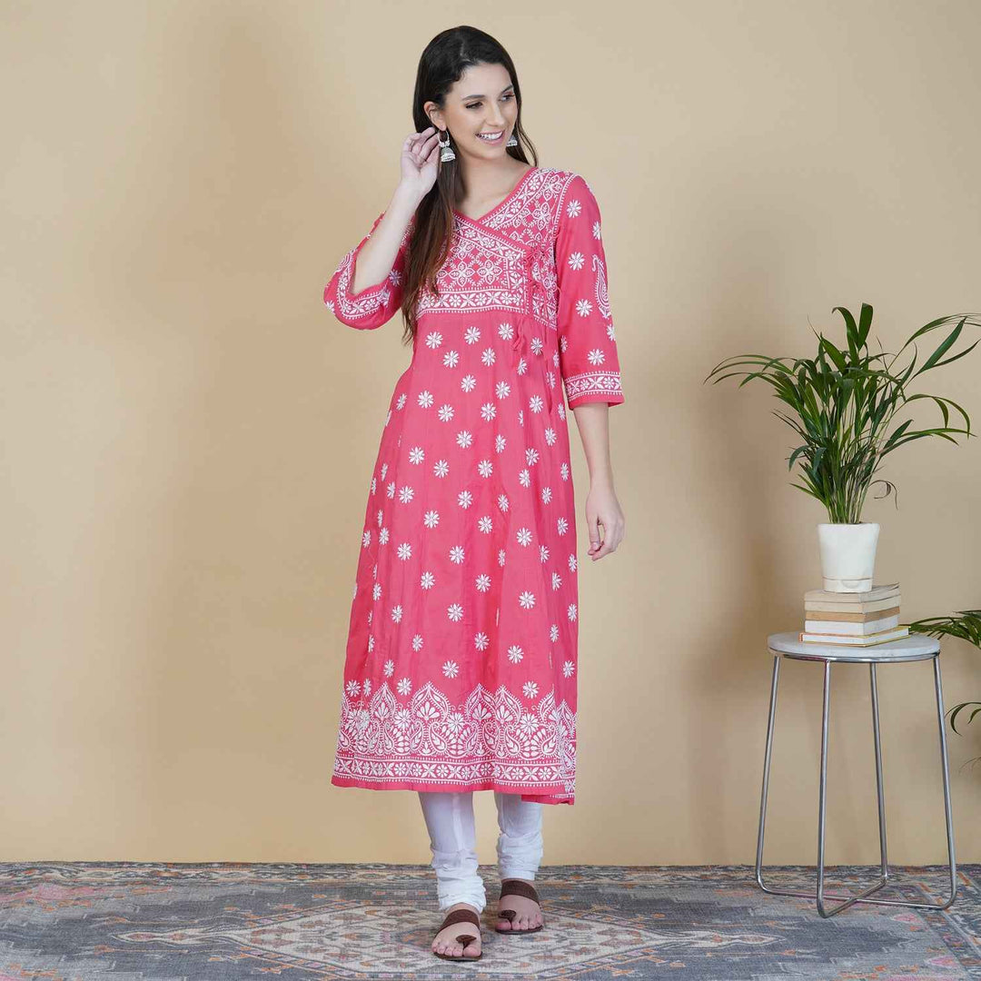 Carrot colour cotton anarkali with chikankari and side ties