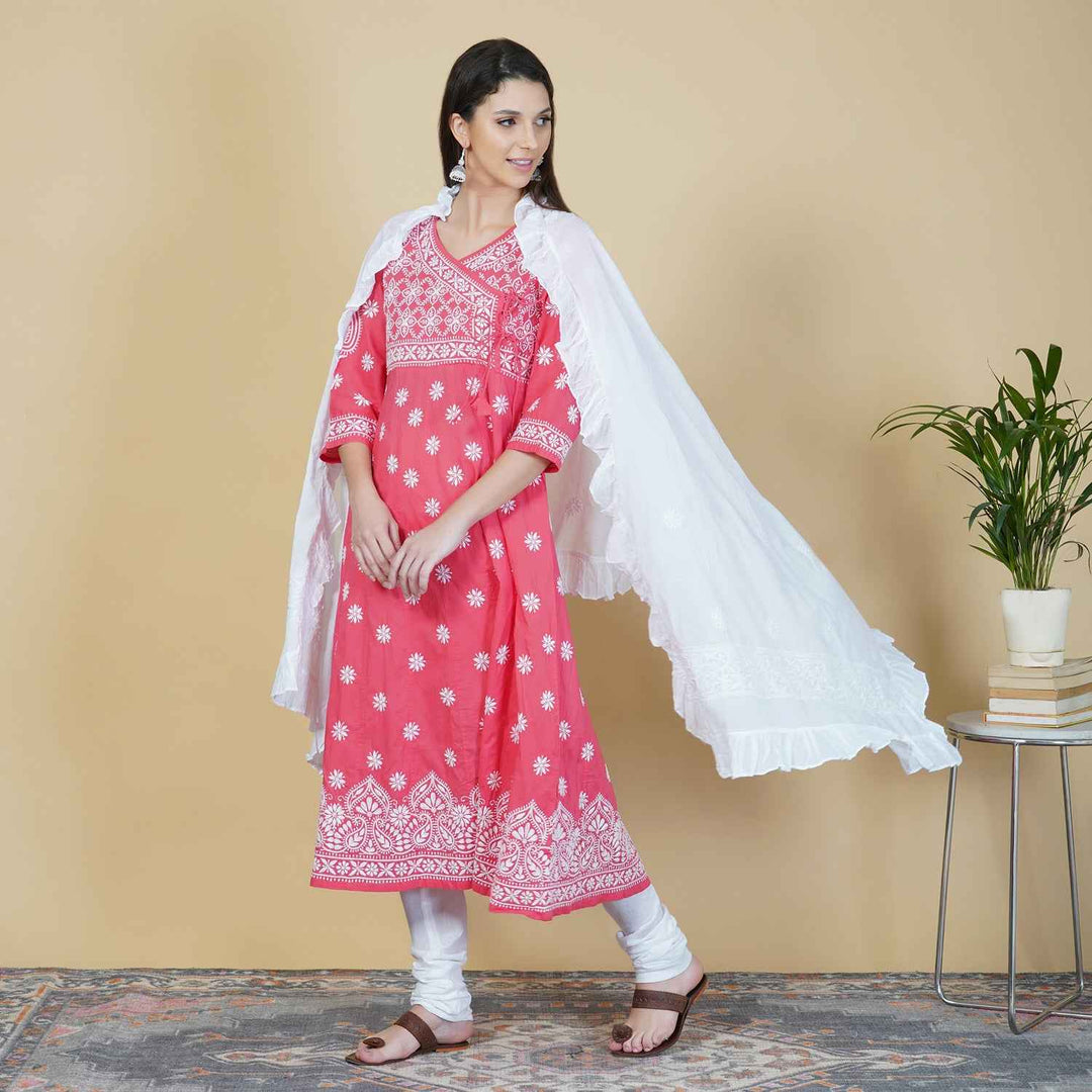 Carrot colour cotton anarkali with chikankari and side ties