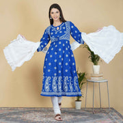 Blue cotton anarkali with chikankari and wait coat like design