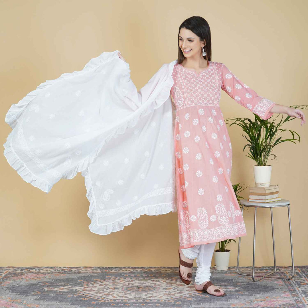 Peach cotton anarkali with chikankari and back ties