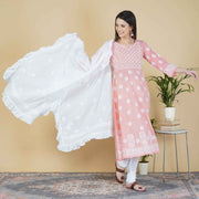 Peach cotton anarkali with chikankari and back ties