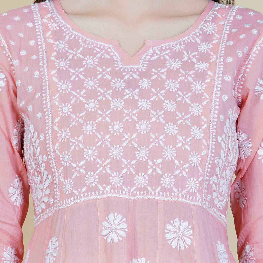 Peach cotton anarkali with chikankari and back ties