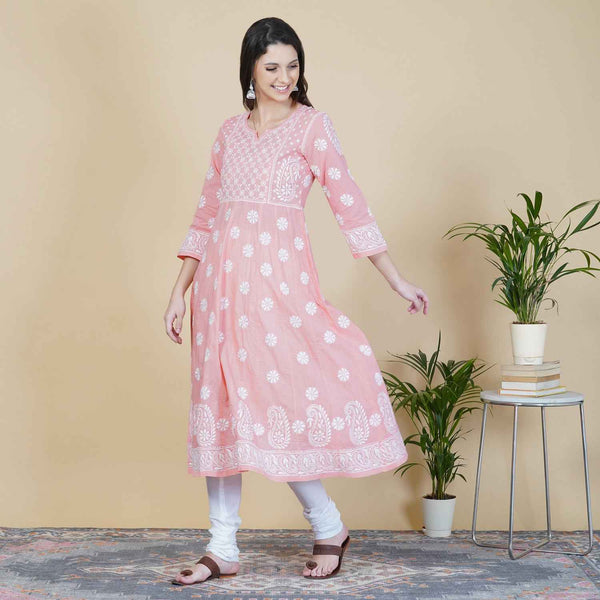 Peach cotton anarkali with chikankari and back ties
