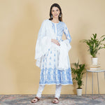 Load image into Gallery viewer, white cotton anarkali with blue chikankari
