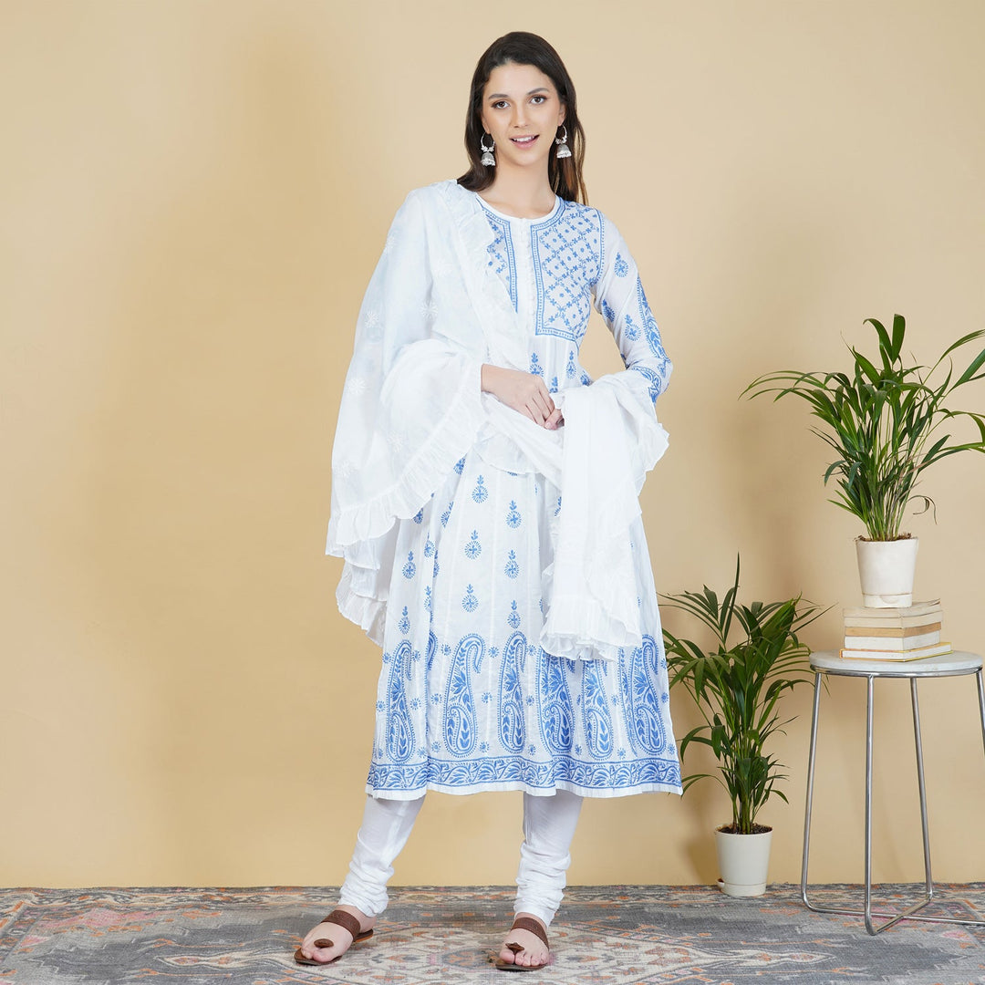 white cotton anarkali with blue chikankari