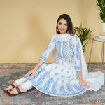 Load image into Gallery viewer, white cotton anarkali with blue chikankari
