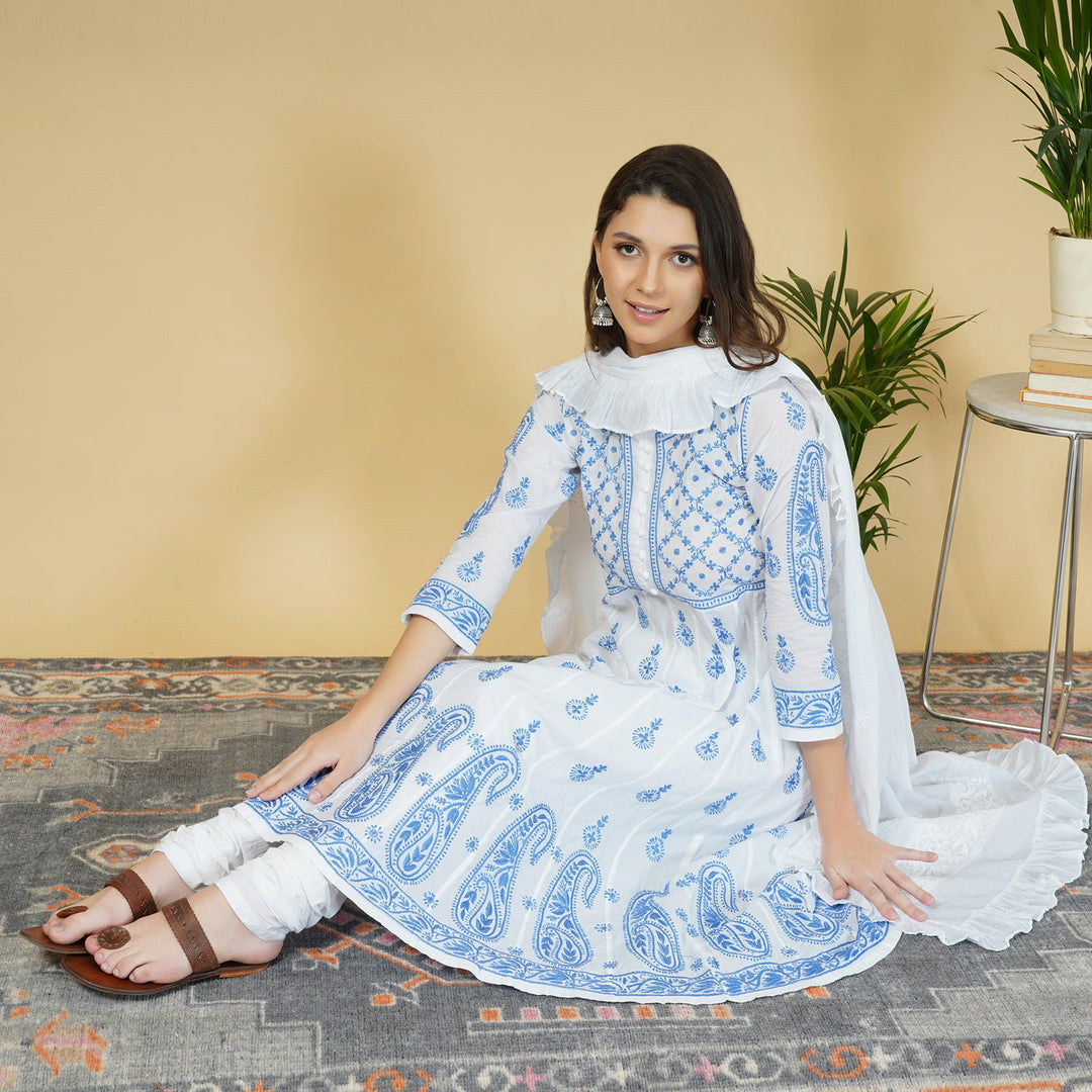 white cotton anarkali with blue chikankari