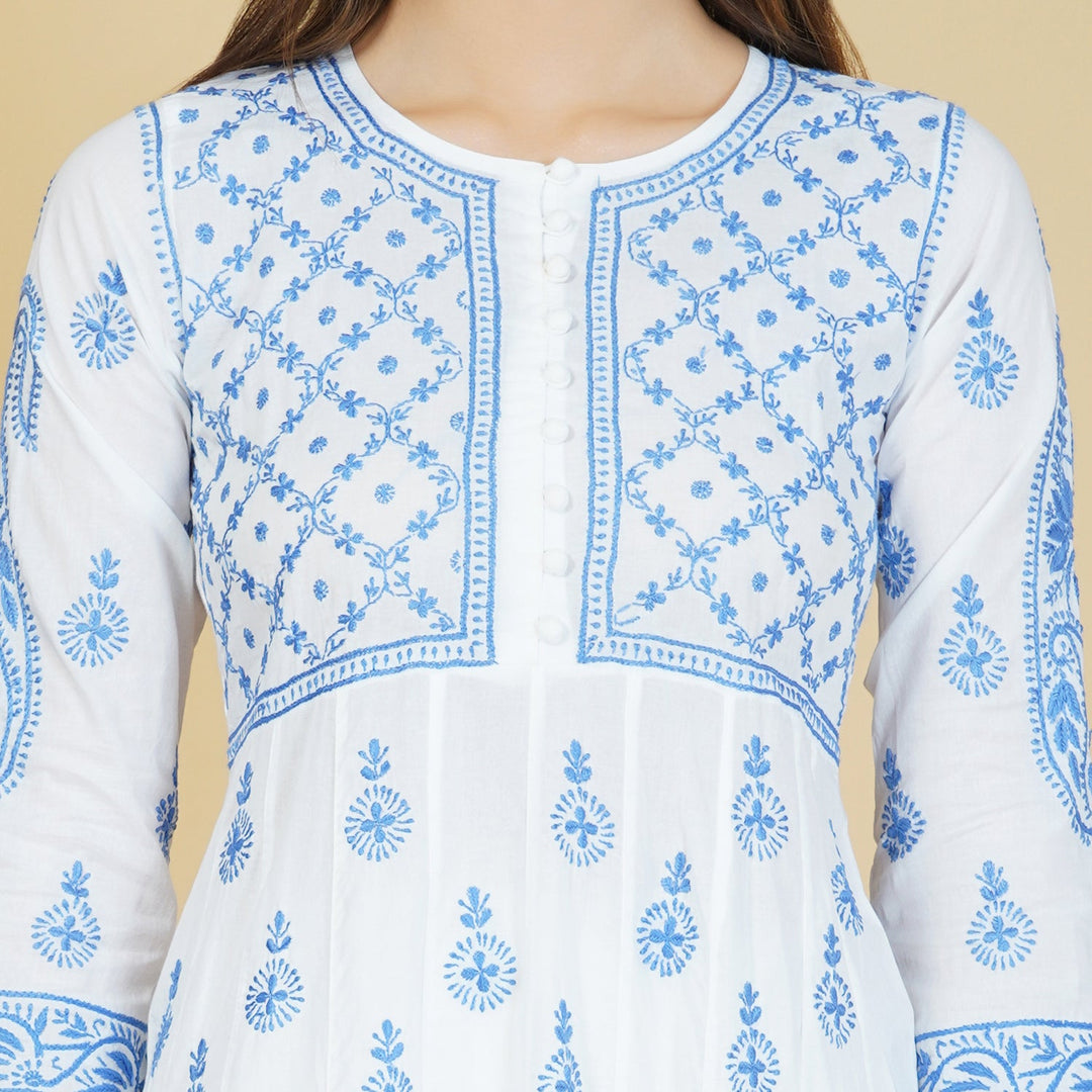 white cotton anarkali with blue chikankari