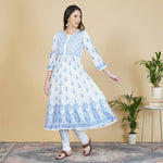 Load image into Gallery viewer, white cotton anarkali with blue chikankari
