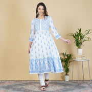 white cotton anarkali with blue chikankari