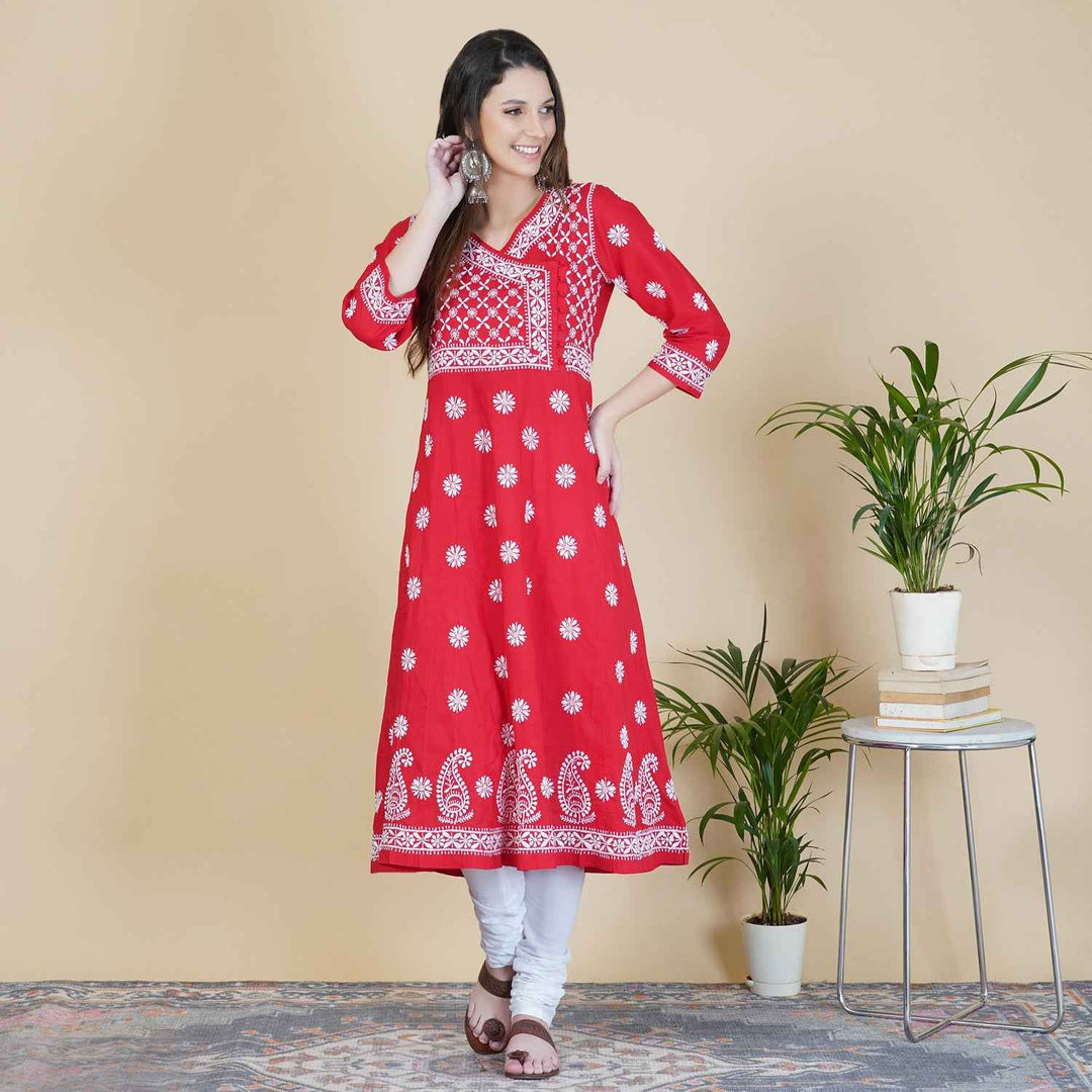 Red cotton chikankari anrakali with side buttons