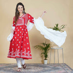 Load image into Gallery viewer, Red cotton chikankari anrakali with side buttons
