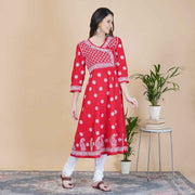 Red cotton chikankari anrakali with side buttons