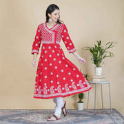 Red cotton chikankari anrakali with side buttons