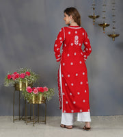 Red round neck cotton kurta with chikankari